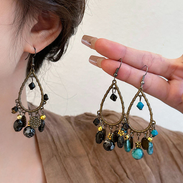 Antique Tone Teardrop Frame Beaded Hook Earrings Jewelry Pair