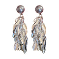 Silver Tone Leaf Tassel Earrings with Gray Pearl Tops view 5