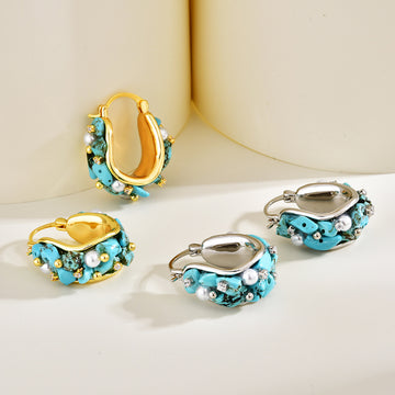 Statement Chunky Beaded And Clear Stone U Hoop Earrings
