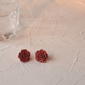 Burgundy Red Sculpted Rose Flower Stud Earrings For Women view 3