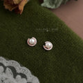 Rose Gold Pearl Open Crescent Pave Halo Stud Earrings view 3
