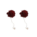 Red Rose Pearl Threader Earrings with Lustrous Bead Details view 5