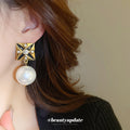 Gold Black Square Stud Earrings with White Pearl Drops view 3