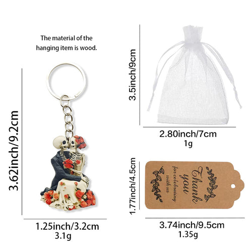 Size chart for skeleton wedding couple wood keychain bag and tag
