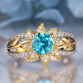 Two-Tone Blue Flower Leaf Clear Stone Finger Ring Sizes 6-10 view 1