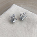 Silver Tone Clear Petal Flower And Gray Pearl Stud Earrings view 3