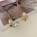 Gold Pink Tulip Pearl Ear Jacket Stud Earrings Green Leaf view 3