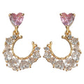 Gold Pink Heart Stud Crescent Clear Crystal Drop Earrings view 5