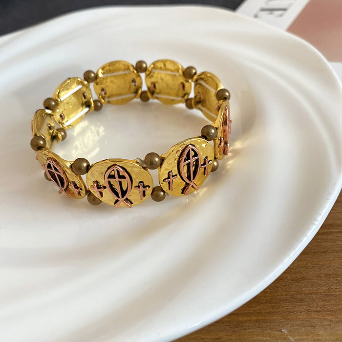 Mixed Metal Stretch Bracelets With Embossed Oval Links
