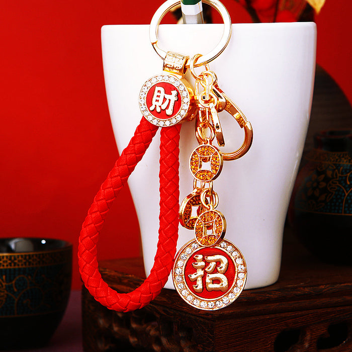 Crystal Five Coin Fortune Keychains with Cords and Loose Braided Loops