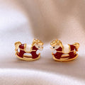 Red Enamel Rocking Horse Stud Earrings in Gold Tone Metal view 2