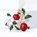 Gold Red Enamel Pomegranate Brooch White Flower Leaves view 2