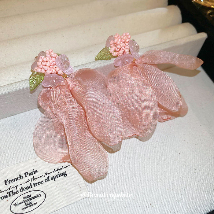 Pink Mesh Petal Flower Drop Earrings With Beaded Centers