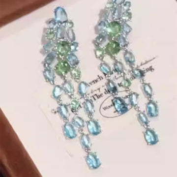 Blue Green Oval Crystal Chandelier Earrings with Long Fringe