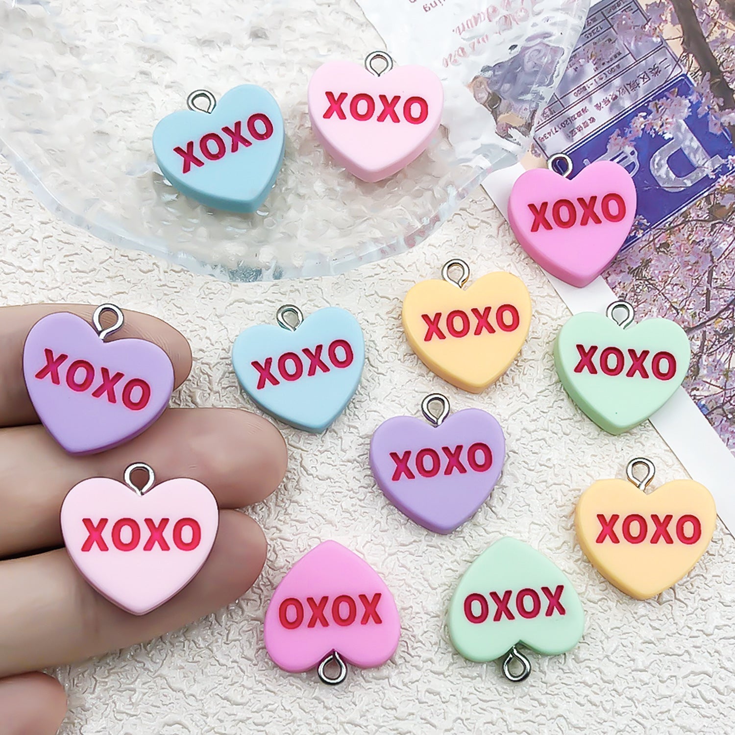 Resin Peach Heart XOXO Letter Charm Pendant for DIY Valentine Earrings Necklace