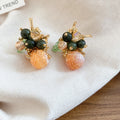 Green Stone And Peach Bead Flower Cluster Stud Earrings view 6
