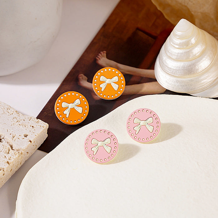 Orange and Pink Round Bow Polka Dot Small Stud Earrings