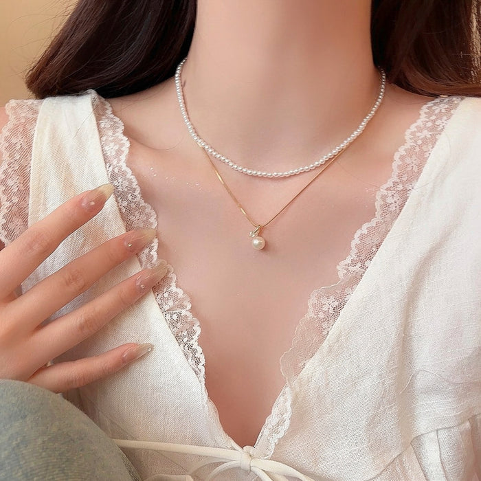 Gold And Silver Tone Layered Faux Pearl Pendant Necklace