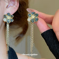 Blue Crystal Flower Earrings With Double Chain Tassels view 1