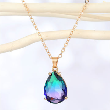 Gold Tone Faceted Teardrop Crystal Pendant Necklaces in Five Colors
