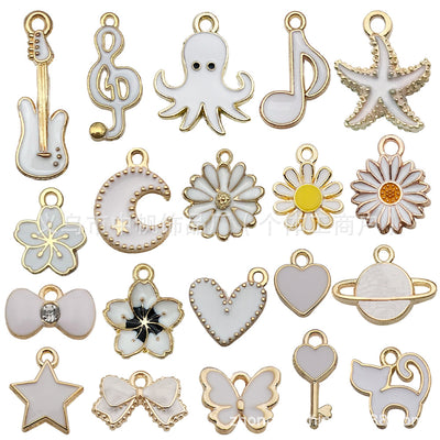 Colorful heart charms arranged on a light background