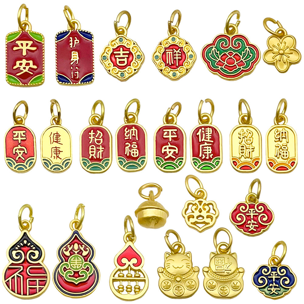 Gold Tone Zinc Alloy Lucky Cat Gourd Fu Tag Charm Pendant for DIY Bracelet Necklace