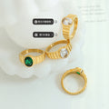 Gold Tone Ribbed Band Ring Clear Or Green Oval Stone view 2