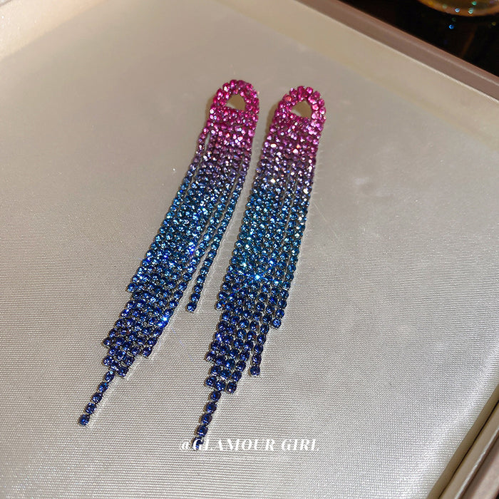 Gradient Crystal Long Tassel Earrings in Three Shapes