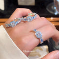 Silver Square Blue Clear Crystal C Open Ring and Hoop Earrings view 1