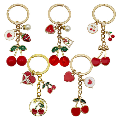 Overview showing the available color and design variations of the red cherry strawberry heart metal keychain
