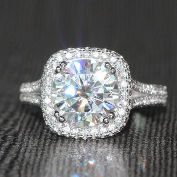 Silver Tone Round Crystal Cushion Halo Ring