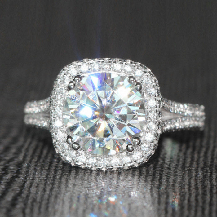 Silver Tone Round Crystal Cushion Halo Ring