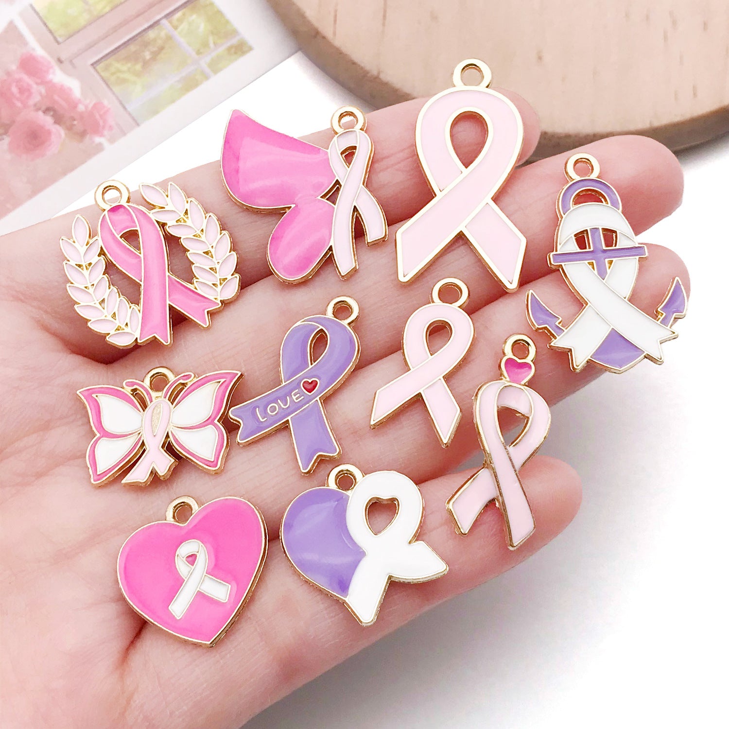 Zinc Alloy Pink Butterfly Heart Ribbon Charm Pendant for DIY Bracelet Keychain