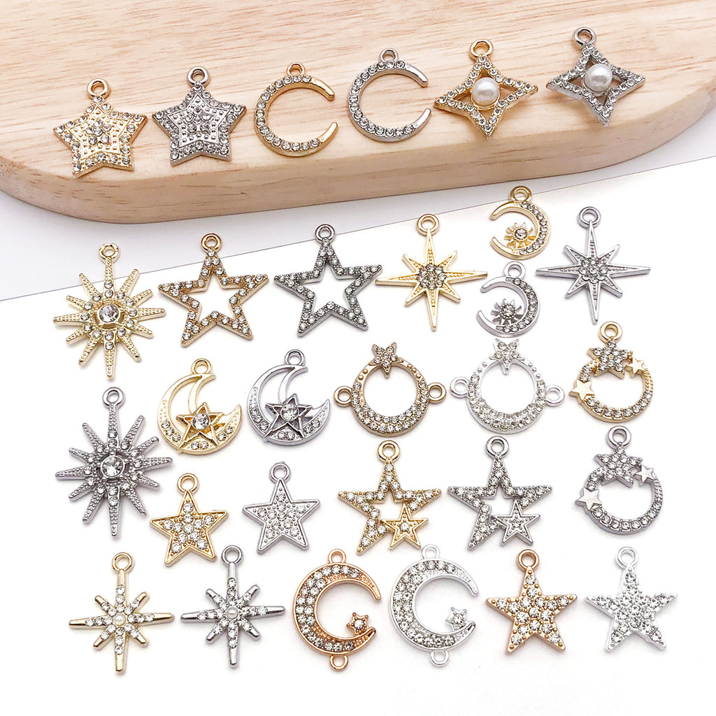 Rhinestone Zinc Alloy Four-Point Star Moon Five-Point Star Connector Charm for DIY Necklace