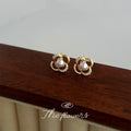 Gold Open Flower Pearl Stud Earrings Crystal Petal Accents view 6