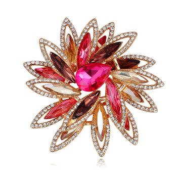 Pink Red Flower Crystal Metal Brooch Pin for Jackets and Lapels