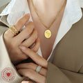 Gold Oval Disc Engraved Flower Pendant Curb Chain Necklace view 4