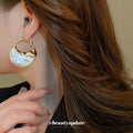 White Shell Look Drop Earrings with Gold Tone Hoops view 3