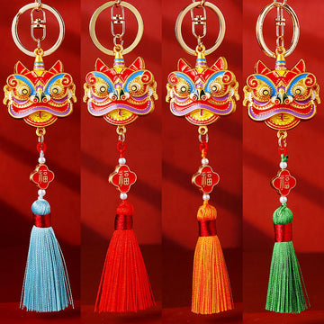 Enamel Lion Dance Head Tassel Keychains in Ten Bright Color Options