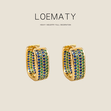 Gold-Tone Blue Green CZ Pave Square Huggie Earrings