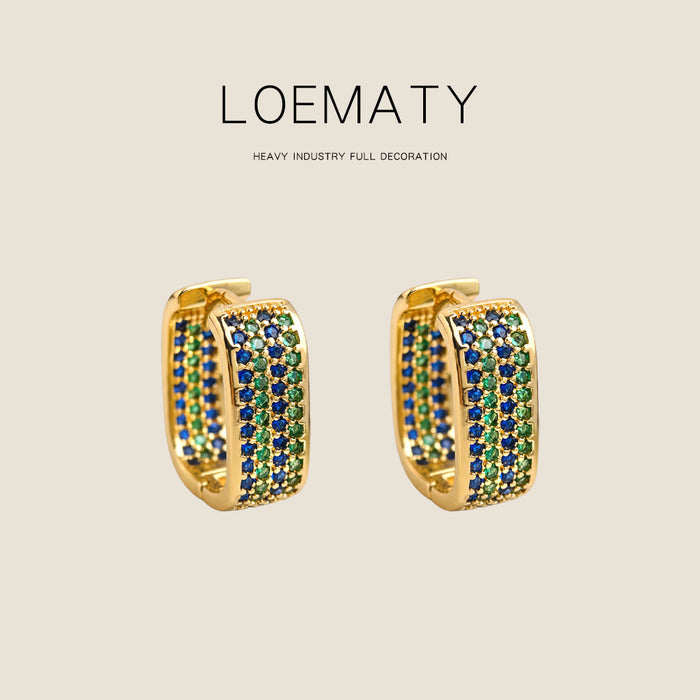 Gold-Tone Blue Green CZ Pave Square Huggie Earrings