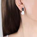 Rectangle Bar Pearl Stud Earrings Black Inlay Metal view 6