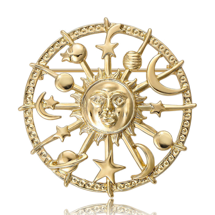Zodiac Wheel And Sun Face Brooch In Gold And Silver Tones