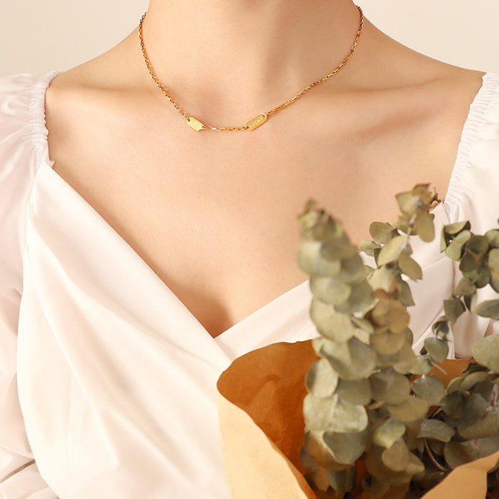 Gold Dual Lucky Plate Bar Necklace Notched Tag Cable Chain