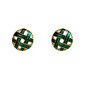 Green Enamel Woven Lattice Round Stud Earrings Gold view 5