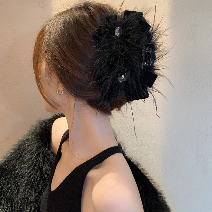 Black Feather And Velvet Bow Hair Claw With Clear Crystal Drops