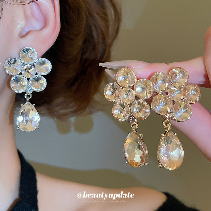 Crystal Flower Faceted Teardrop Stud Earrings Statement Pair