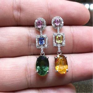 Silver Tone Multicolor Oval Drop Earrings Halo Pave Stations