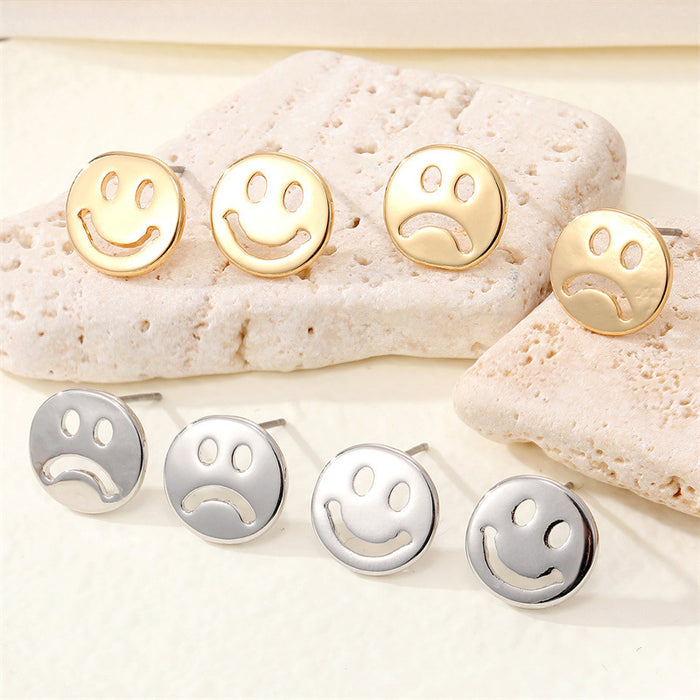 Open Smiley and Frowning Face Stud Earrings in Two Finishes