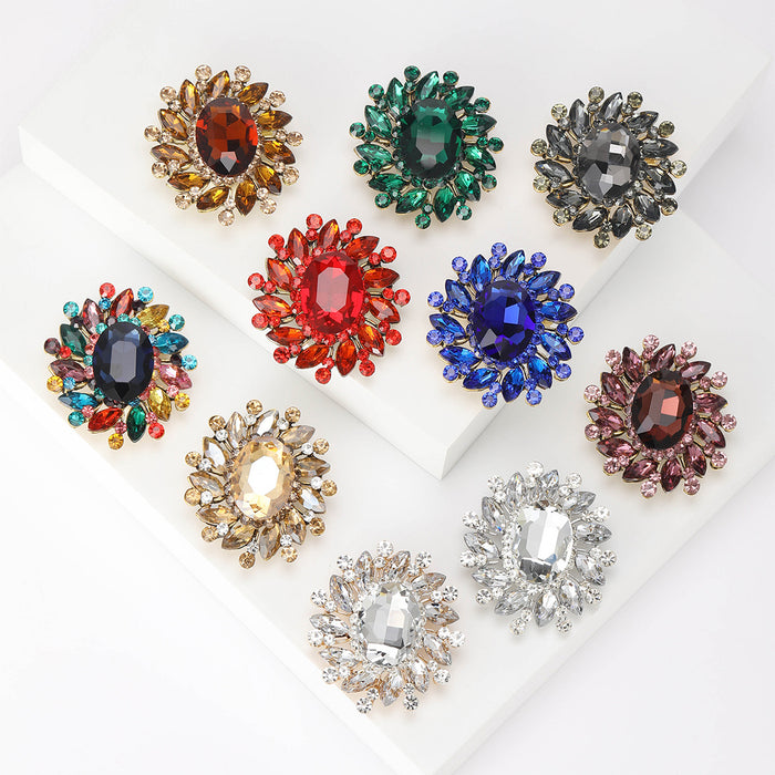 Oval Crystal Radiant Floral Cluster Brooch in Ten Colors